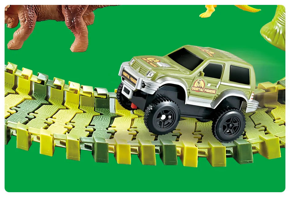 DIY Plastic Racing Track Set Dinosaur Railway Toys Flexible Race Track Electronic Flash Light Car Toys for Children Gifts