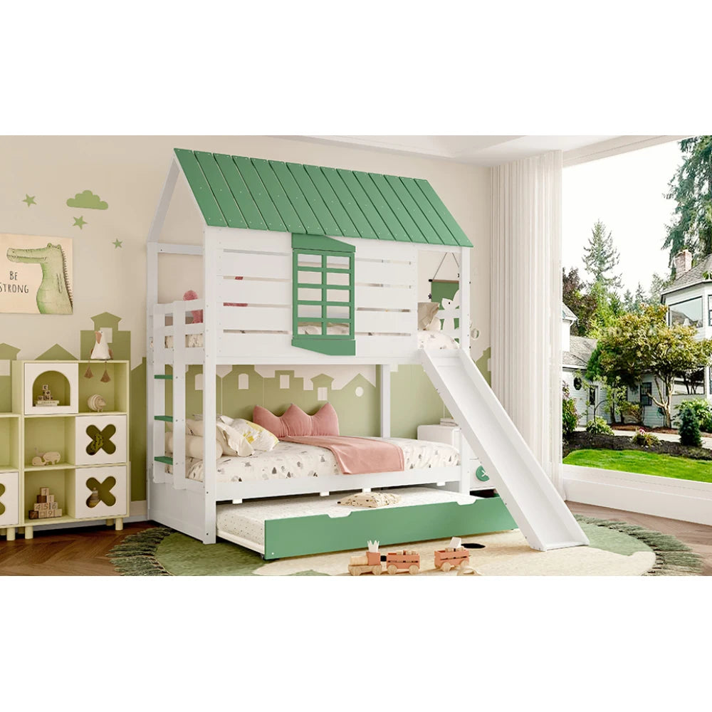 90X200 White and Green Bedroom Bunk Bed with Slide and Pull-Out Bed,without A Mattress