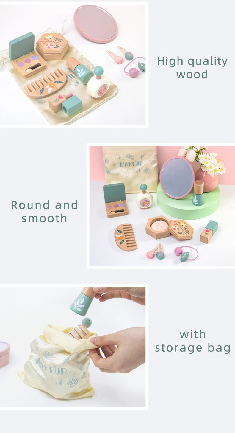 Wooden Beauty Salon Play Set Wooden Makeup Set Girls MakeUp Dressing Table Cosmetics Toys Birthday Gifts For Children