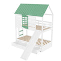 90X200 White and Green Bedroom Bunk Bed with Slide and Pull-Out Bed,without A Mattress