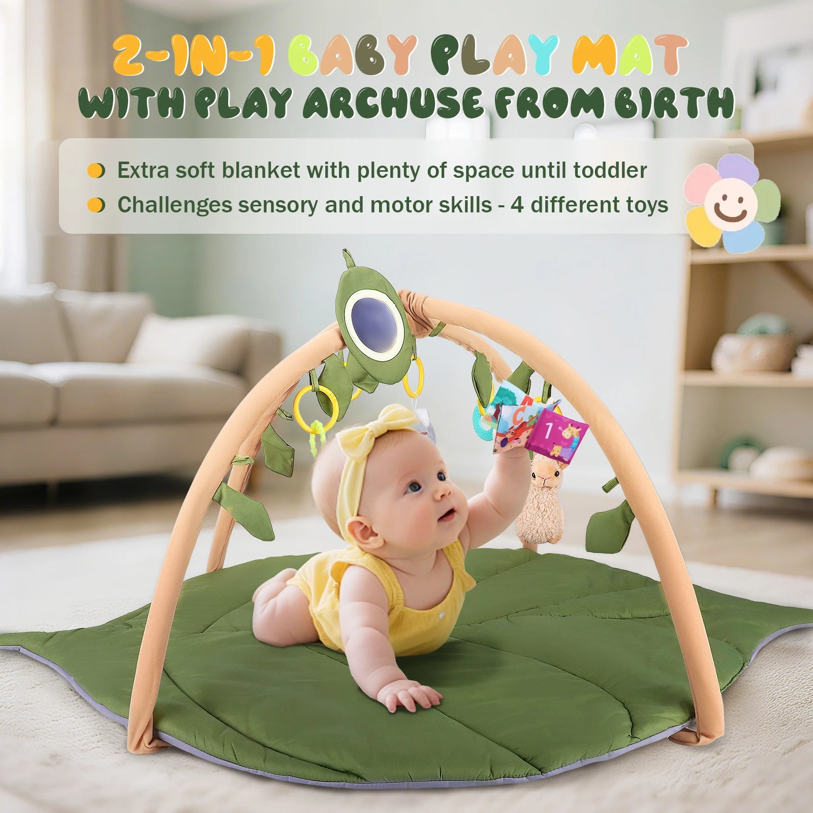 Baby Play Mat with Arch - Leaf-Shaped Extra Thick Mat
