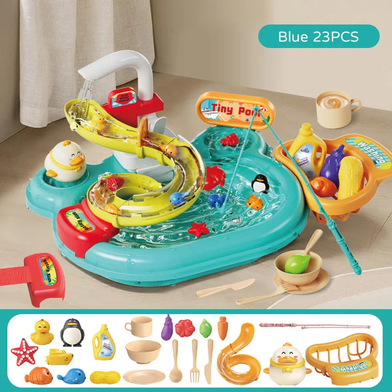 Children Electric Toy Sink Disheswash Water Simulation Food Fruit Kitchen Pretend Play Magnet Fishing Kids Education Toy Girl