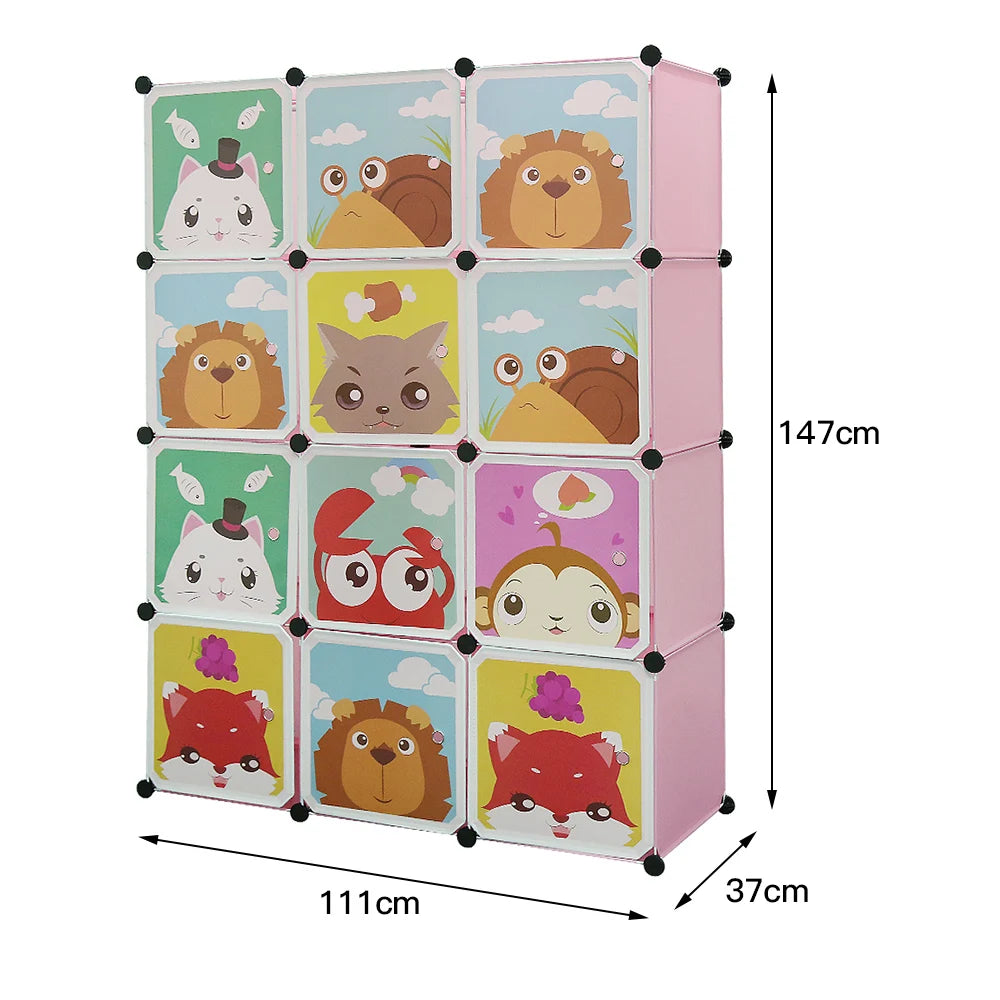 Children's Wardrobe, Expandable Children's Shelf Children's Wardrobe Bookcase with Doors & 2 Hangers, 111 x 37 x 147 cm