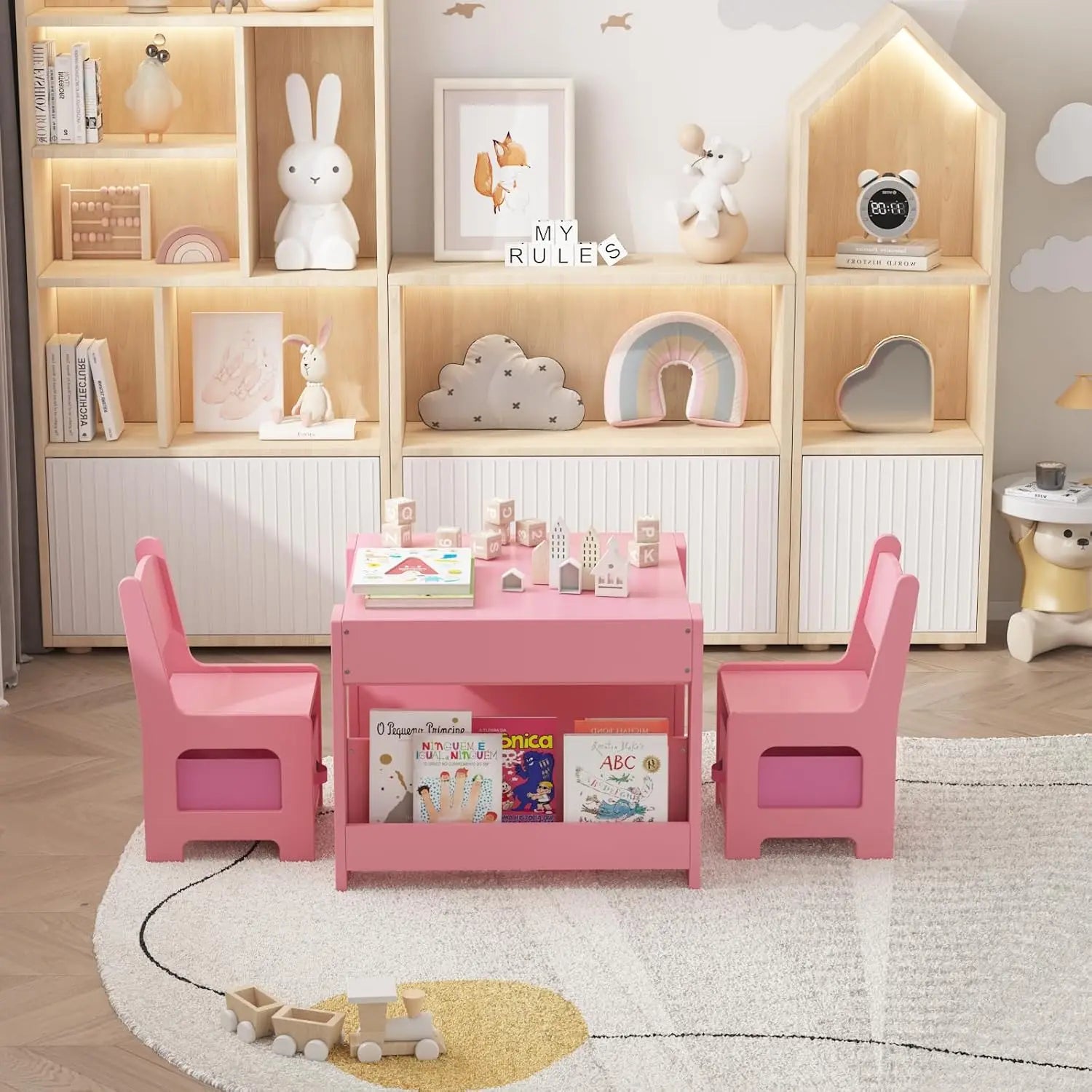 Multifunctional 4-in-1 Kids Table and Chair Set: Activity Desk with 2 Chairs, Removable Tabletop, Storage Drawers & Bookshelf, Ideal for Painting, Crafting, Reading & Playing, Toddler Playroom Furniture, Sturdy Design, 3PCS
