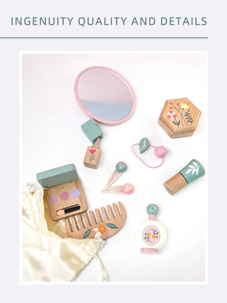 Wooden Beauty Salon Play Set Wooden Makeup Set Girls MakeUp Dressing Table Cosmetics Toys Birthday Gifts For Children