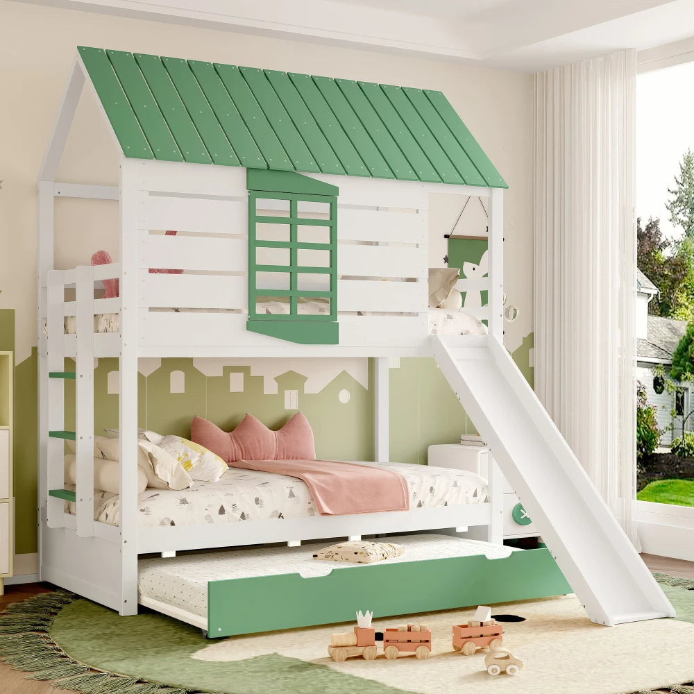90X200 White and Green Bedroom Bunk Bed with Slide and Pull-Out Bed,without A Mattress