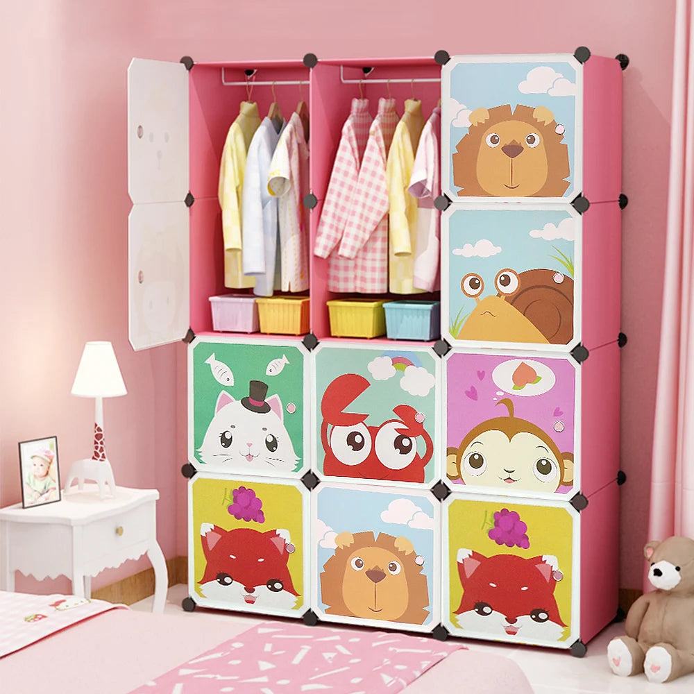 Children's Wardrobe, Expandable Children's Shelf Children's Wardrobe Bookcase with Doors & 2 Hangers, 111 x 37 x 147 cm