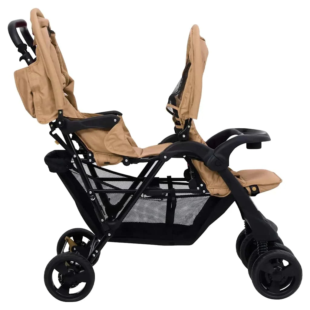 Double Stroller Taupe Steel 122.5 x 53.5 x 111 cm Lightweight Foldable Safe Design Pushchair Compact Travel