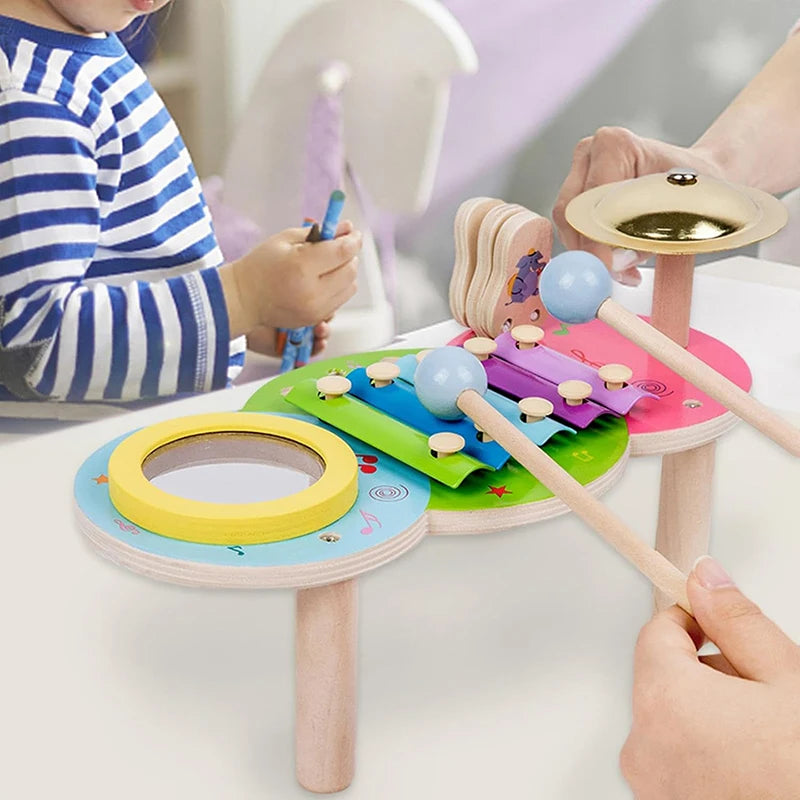 10-in-1 Wooden Musical Toy Drum Set and Xylophone