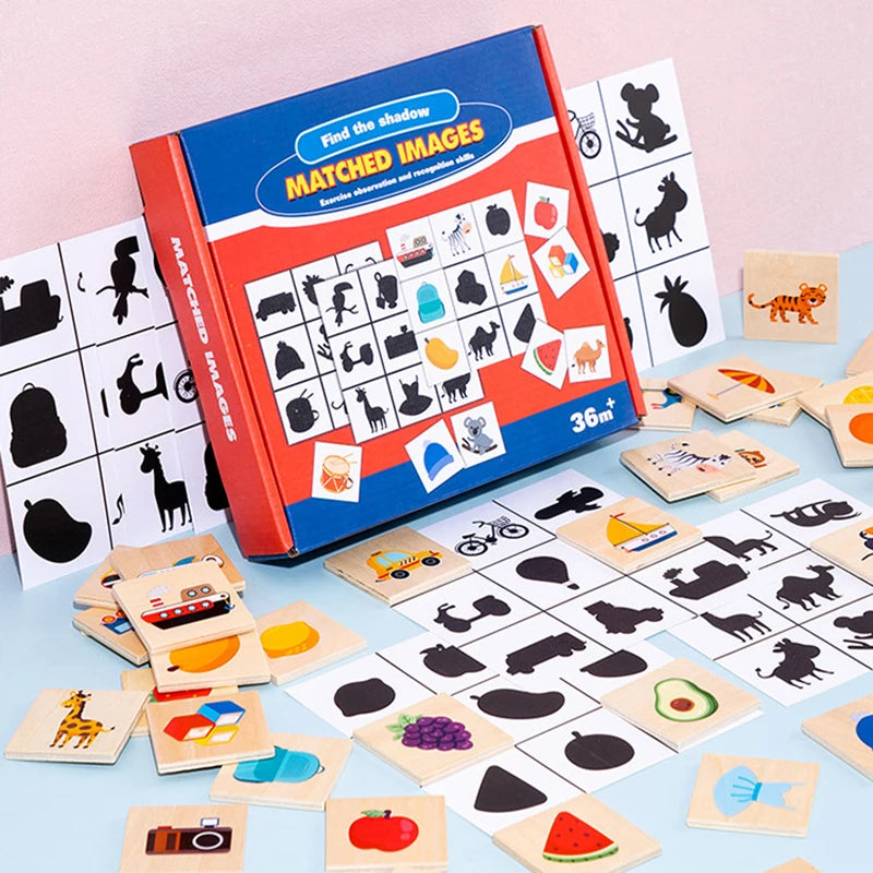 Wooden Montessori Shadow Matching Puzzle - Animal & Fruit Shape Toy