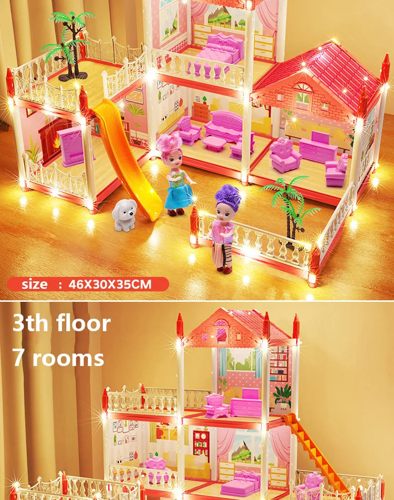 DIY Popular Toy 3d Assembly Mini Toy House Accessories Villa Princess Castle Led Lights Girl Birthday Gift Assembly Toy House