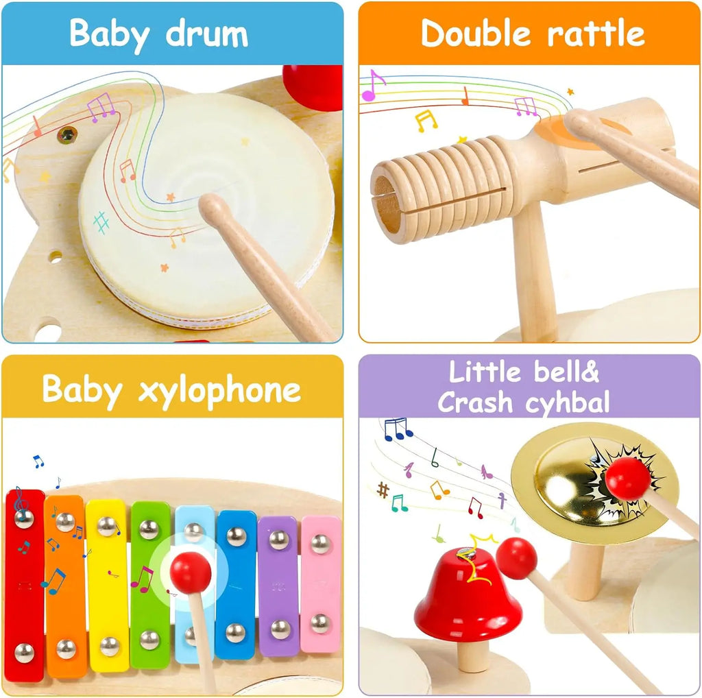 10-in-1 Wooden Musical Toy Drum Set and Xylophone