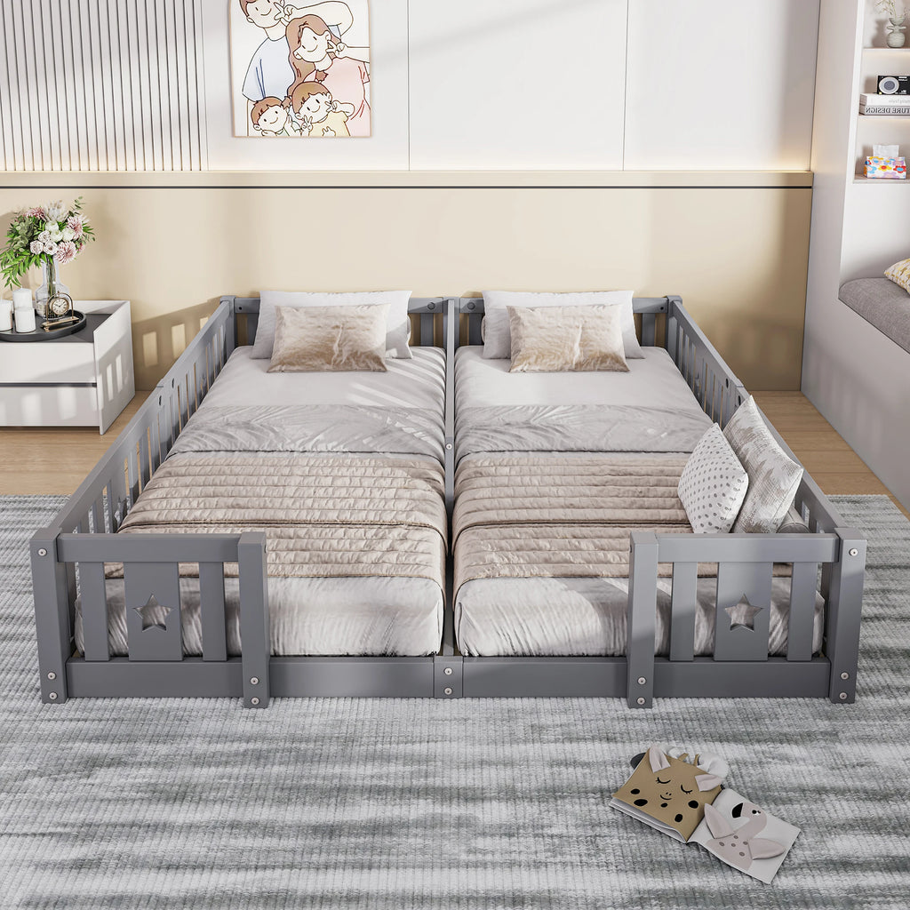 Rosahqnda Solid Floor Bed 180x200cm,Children's Bed with Slats & Star Pattern,Modern Kids Room Furniture,White/Gray