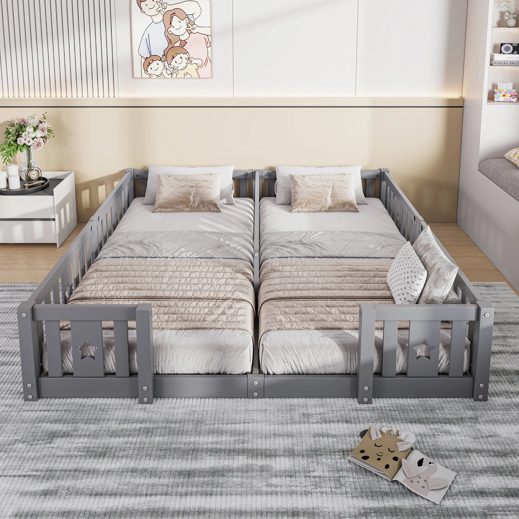 Rosahqnda Solid Floor Bed 180x200cm,Children's Bed with Slats & Star Pattern,Modern Kids Room Furniture,White/Gray