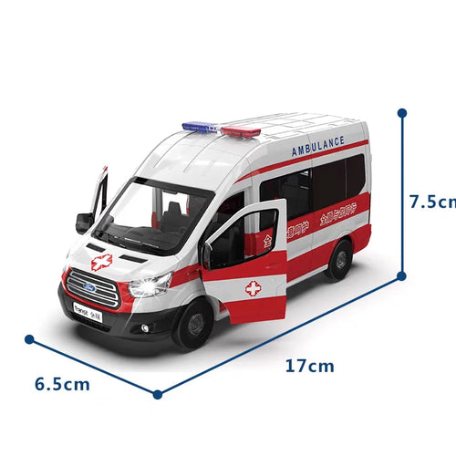 1/35 Ford Transit Ambulance Toy Car For Children Diecast Model Vehicle Miniature Pull Back Sound & Light Collection Gift Boy Kid