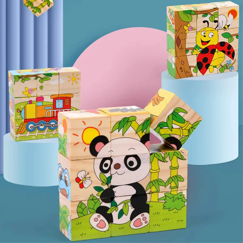 Wooden Puzzle Six Sides Painted Three-Dimensional Traffic Animal Puzzle Building Blocks Montessori Early Education Toys TMZ