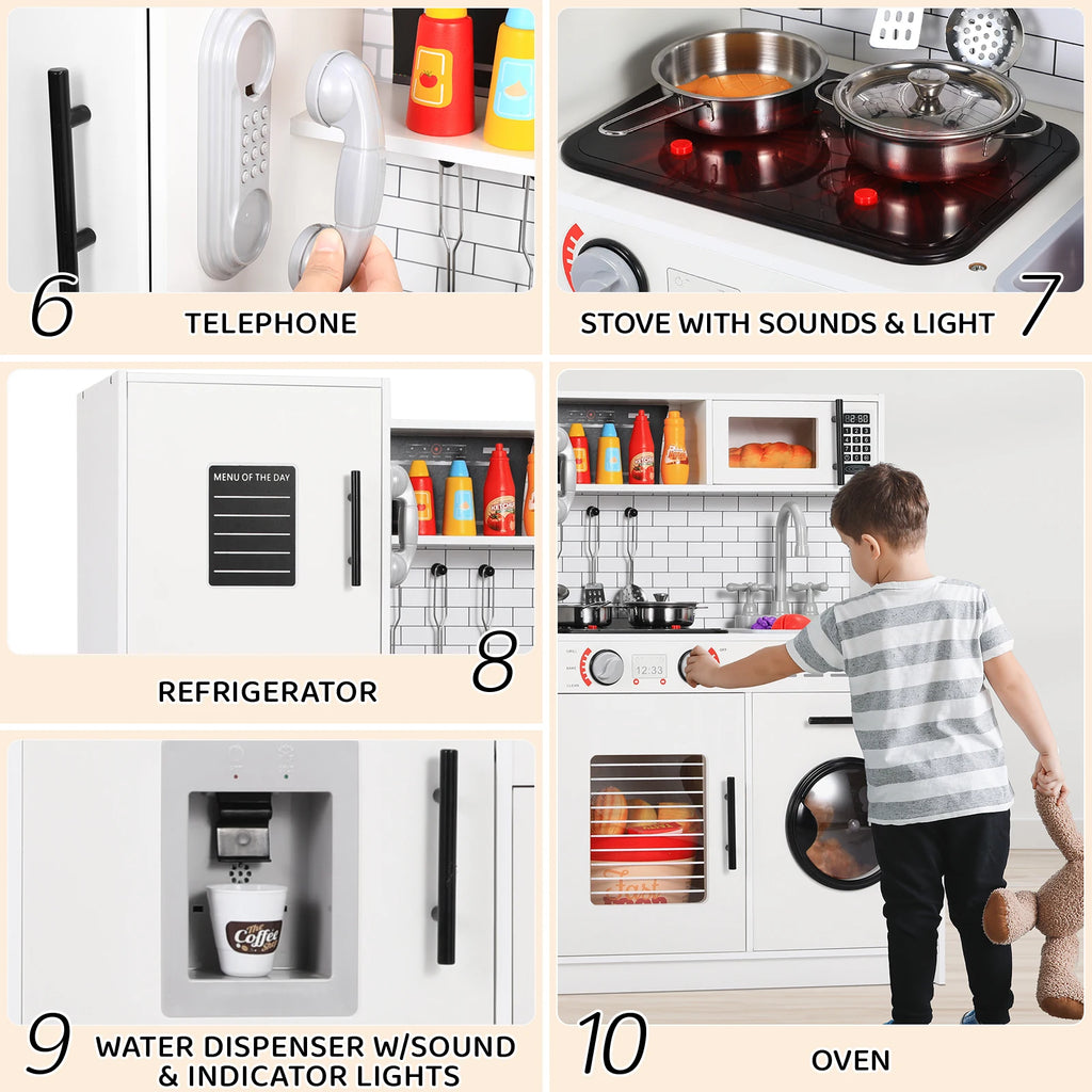 Wooden Kitchen Kids Pretend Play Kitchen Set Cooking Toys with Simulated Light and Sound Effects, Food,Cookware for Children