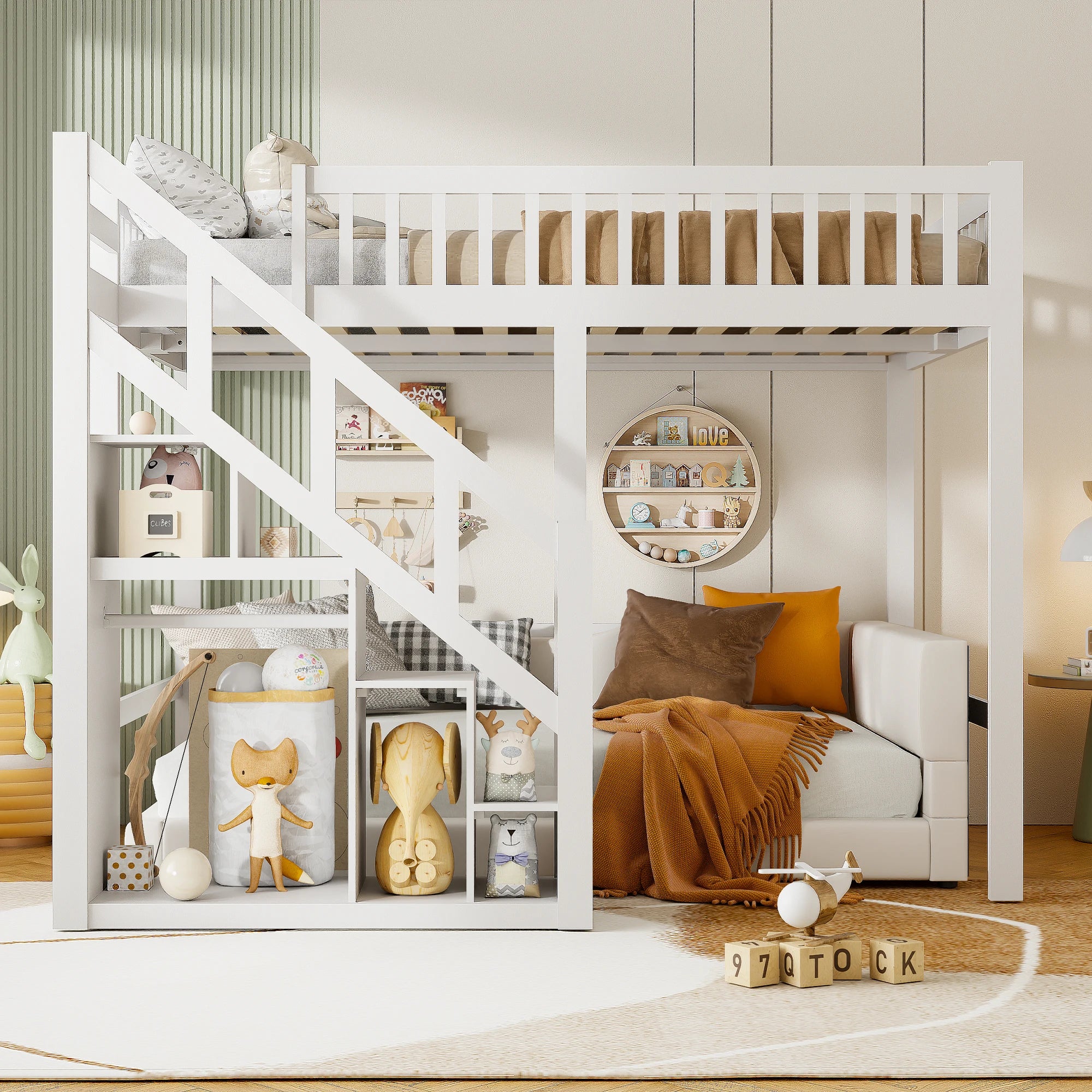 Comanlai Bunk Bed 140 x 200 cm/90 x 200 cm,Children's Bed with Slatted Frame,Storage Shelf Stairs,Fall Protection,Youth Bunk Bed