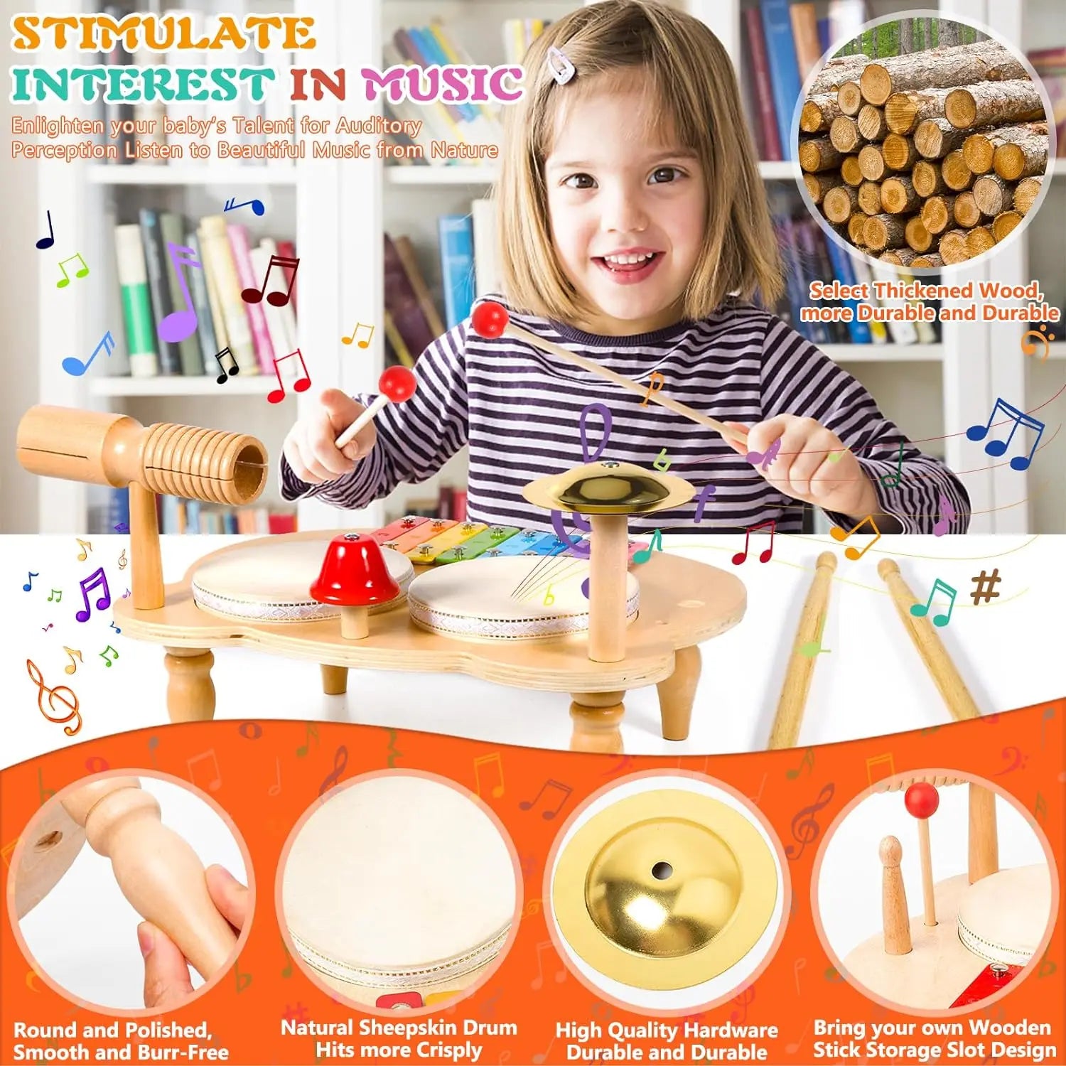 10-in-1 Wooden Musical Toy Drum Set and Xylophone