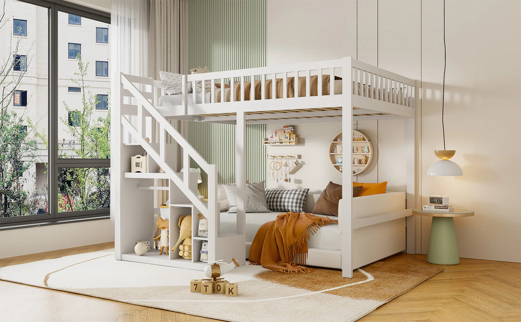 Comanlai Bunk Bed 140 x 200 cm/90 x 200 cm,Children's Bed with Slatted Frame,Storage Shelf Stairs,Fall Protection,Youth Bunk Bed