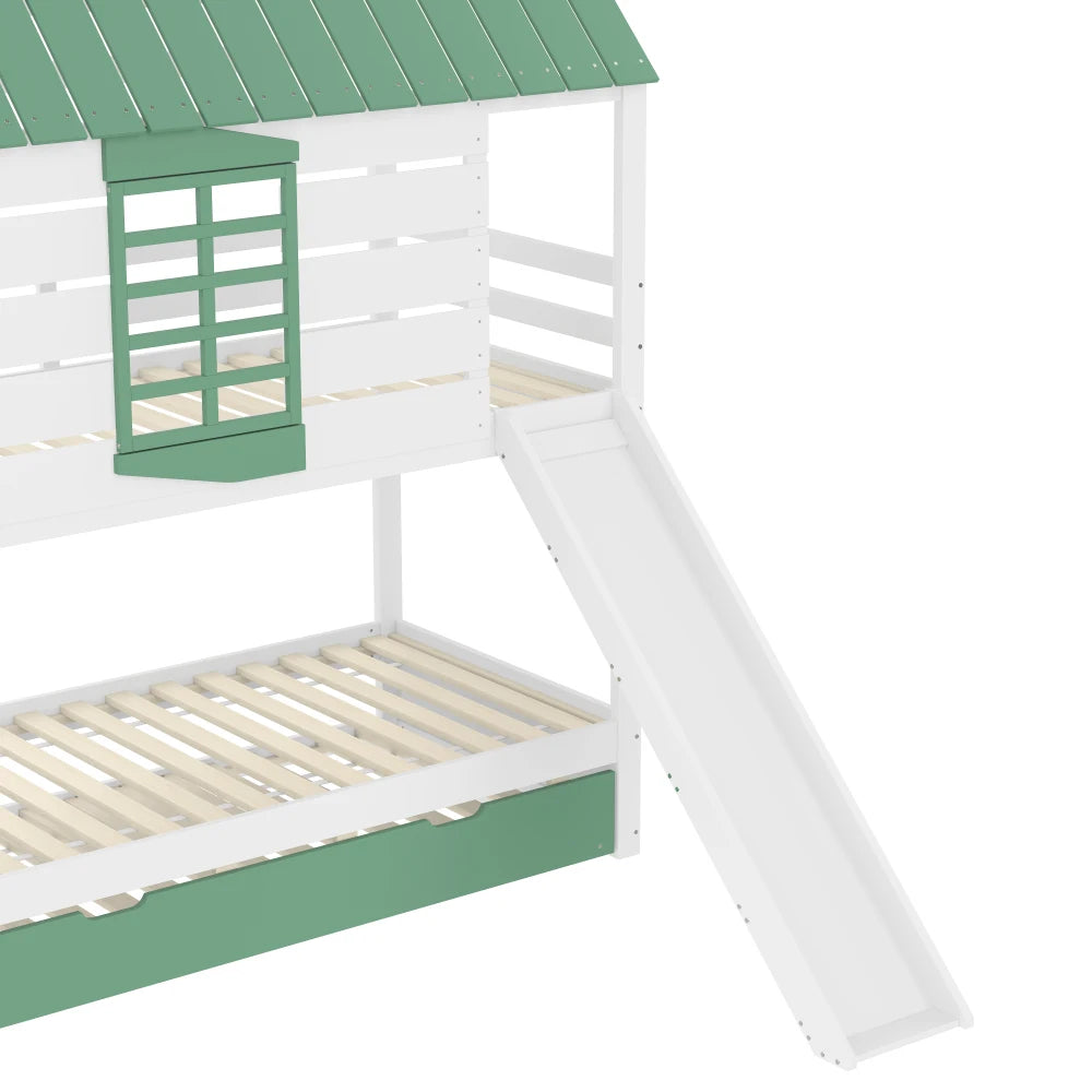 90X200 White and Green Bedroom Bunk Bed with Slide and Pull-Out Bed,without A Mattress