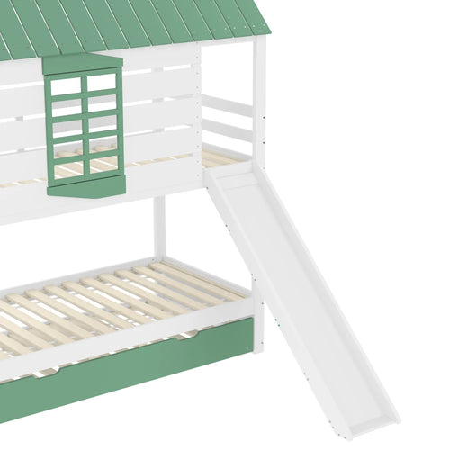 90X200 White and Green Bedroom Bunk Bed with Slide and Pull-Out Bed,without A Mattress