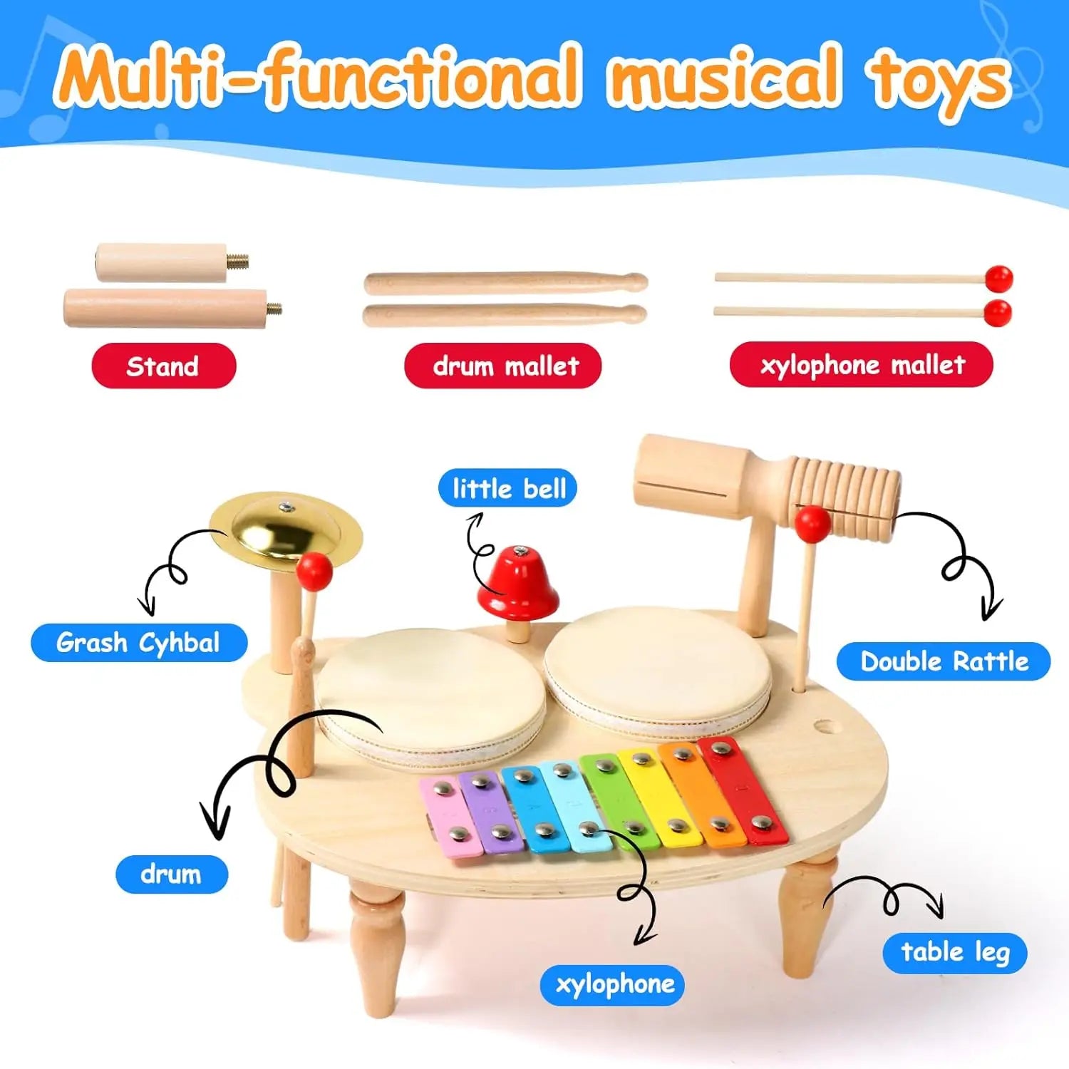 10-in-1 Wooden Musical Toy Drum Set and Xylophone