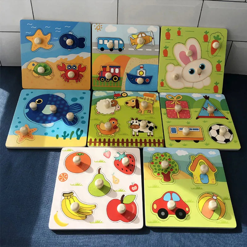 Montessori Wooden Puzzles Baby Educational Toys Hand Grab Boards Tangram Cartoon Animals Fruits 3D Puzzles for babies 2 3 years