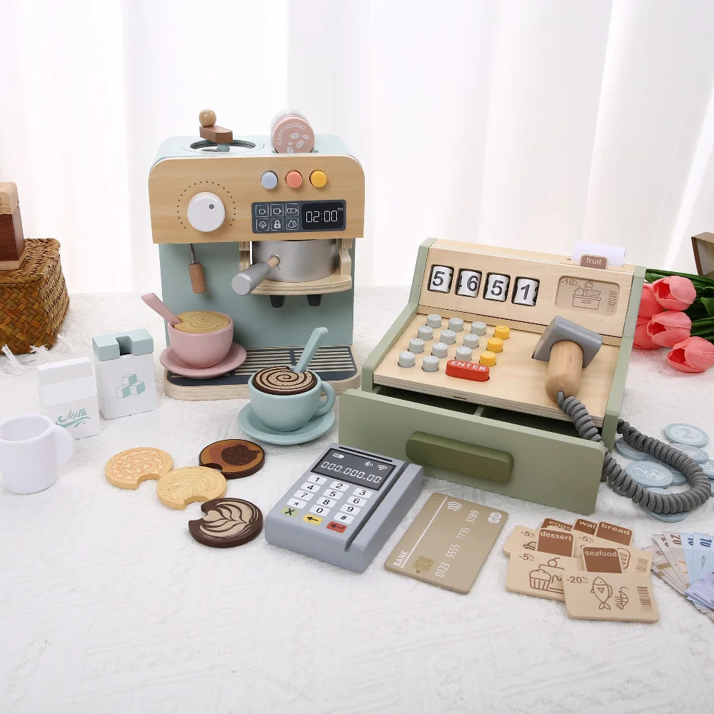 Children's Wooden Playhouse Toys Game House Toys Wooden Coffee Machine Wooden Cash Register Puzzle Interactive Education