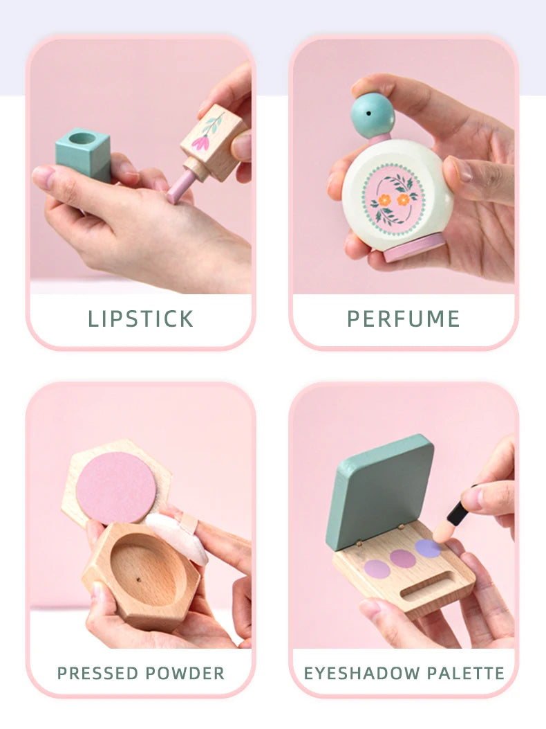 Wooden Beauty Salon Play Set Wooden Makeup Set Girls MakeUp Dressing Table Cosmetics Toys Birthday Gifts For Children