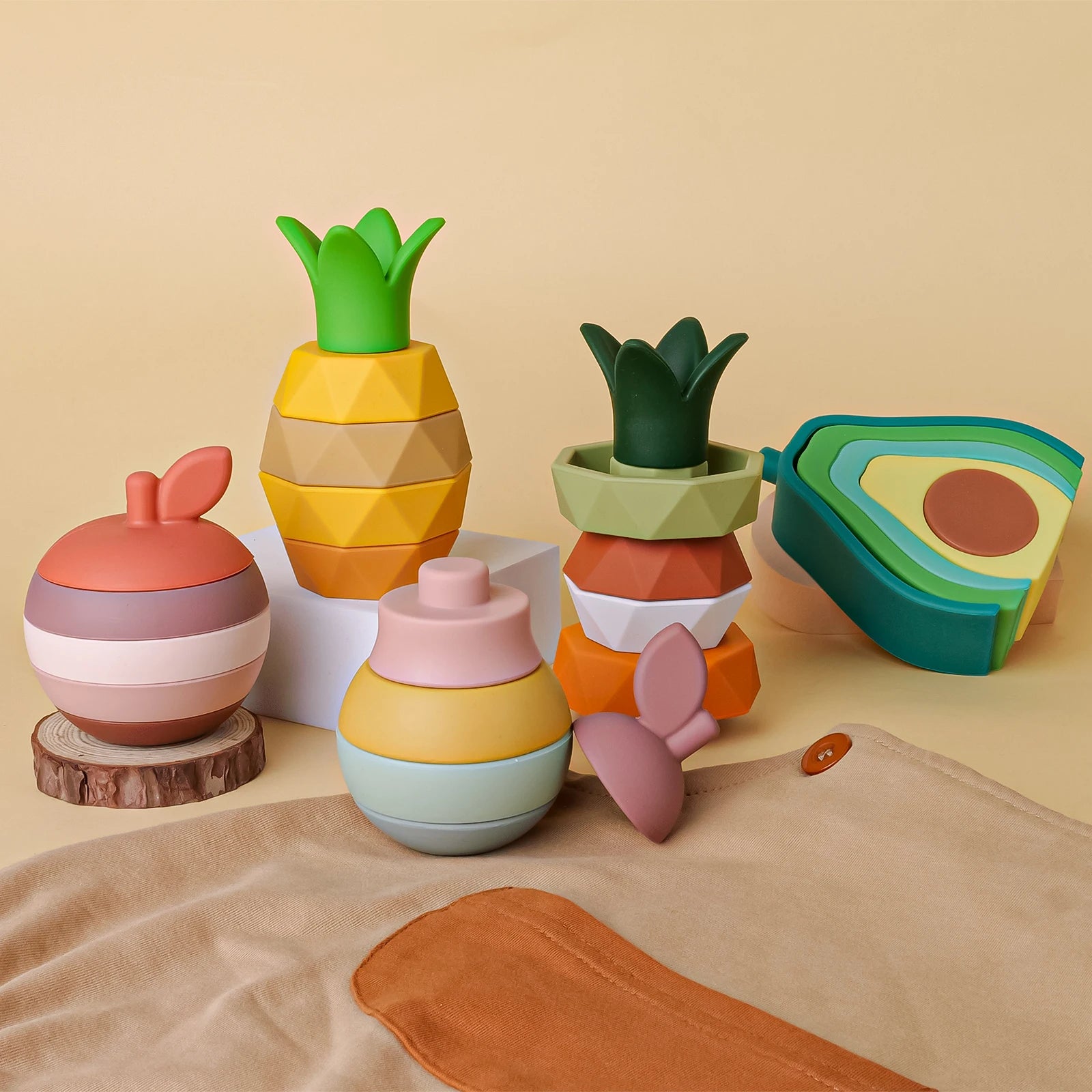 Soft Silicone Fruit Stacking Blocks - Montessori Baby Teether Toy