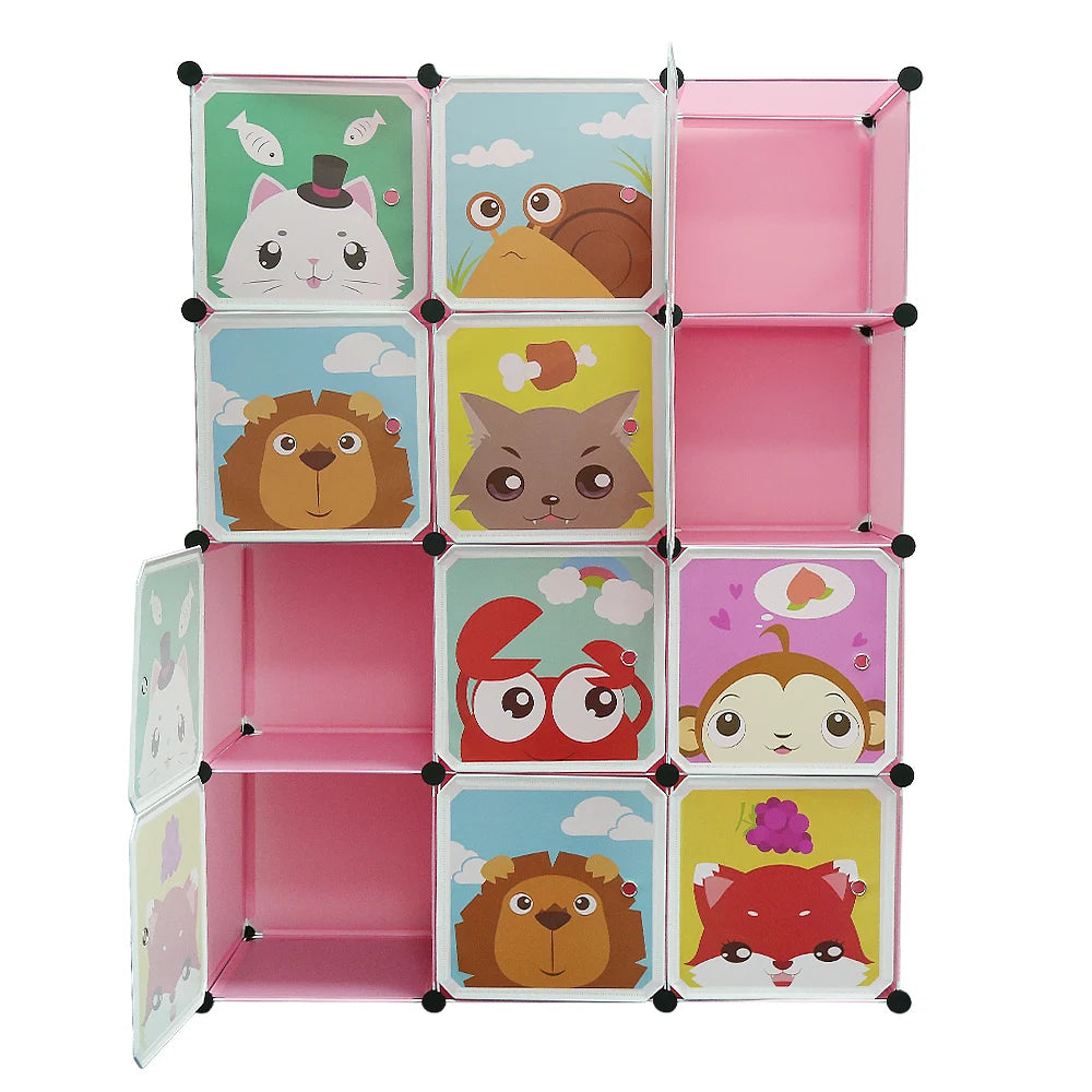 Children's Wardrobe, Expandable Children's Shelf Children's Wardrobe Bookcase with Doors & 2 Hangers, 111 x 37 x 147 cm