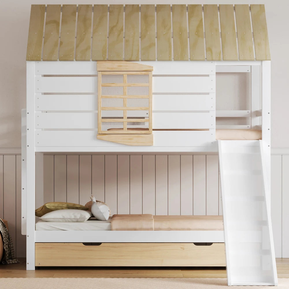 90X200 White and Green Bedroom Bunk Bed with Slide and Pull-Out Bed,without A Mattress