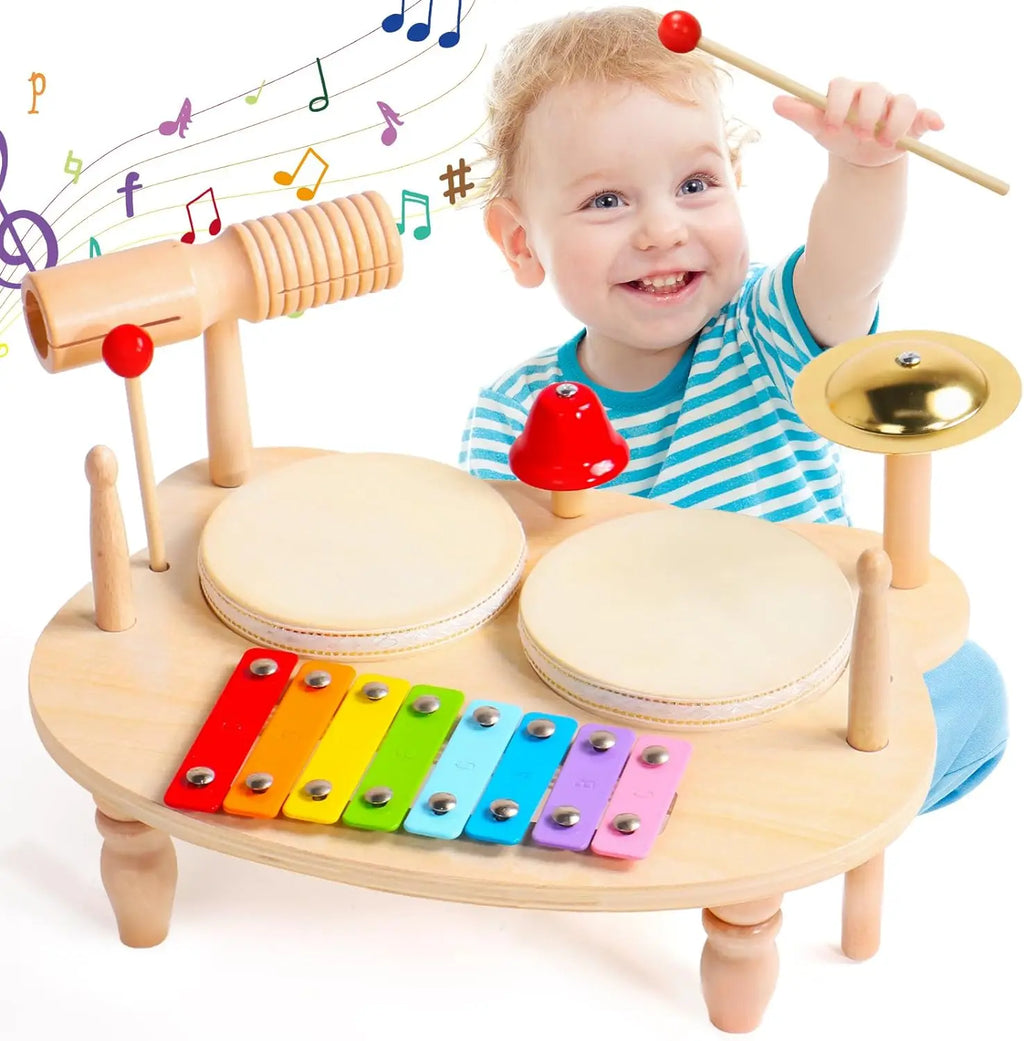 10-in-1 Wooden Musical Toy Drum Set and Xylophone