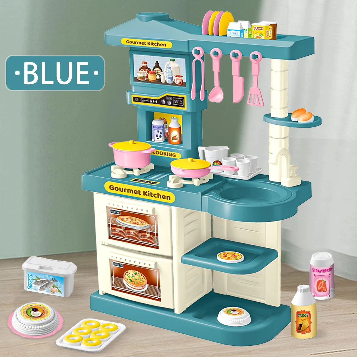 Play Kitchen Accessories, Kitchen Playset Toys for Kids Foods Pots Pans Milk Bread Fork for 3+ Boys and Girls