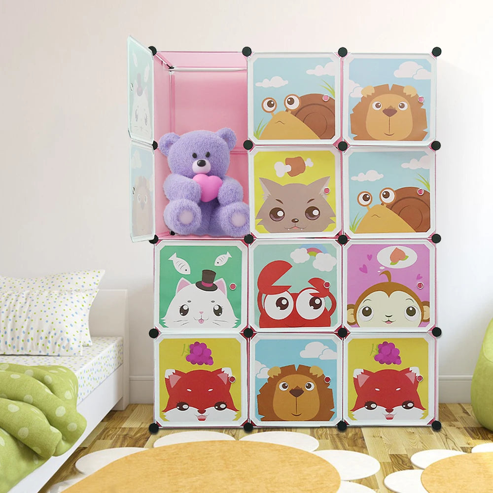 Children's Wardrobe, Expandable Children's Shelf Children's Wardrobe Bookcase with Doors & 2 Hangers, 111 x 37 x 147 cm