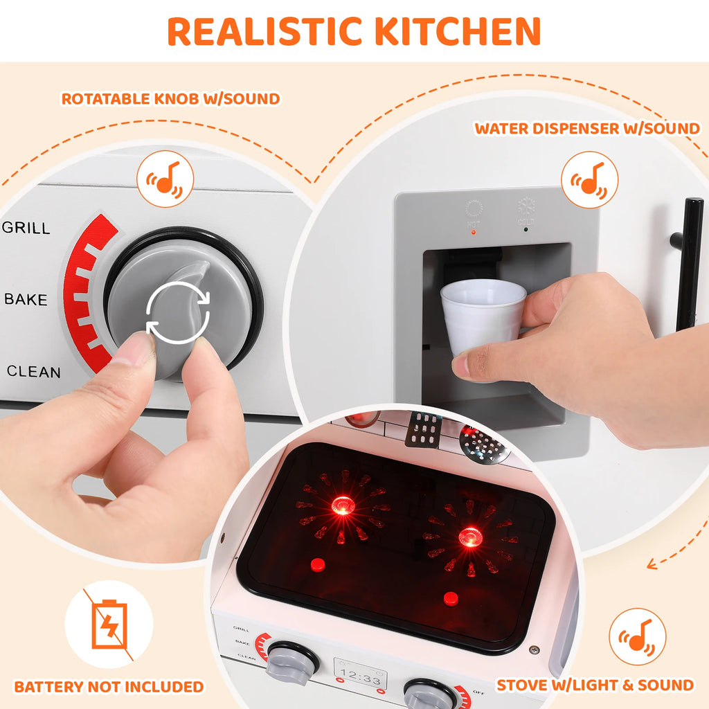 Wooden Kitchen Kids Pretend Play Kitchen Set Cooking Toys with Simulated Light and Sound Effects, Food,Cookware for Children