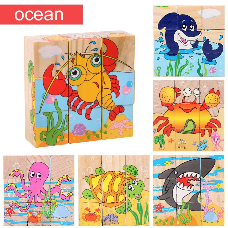 Wooden Puzzle Six Sides Painted Three-Dimensional Traffic Animal Puzzle Building Blocks Montessori Early Education Toys TMZ