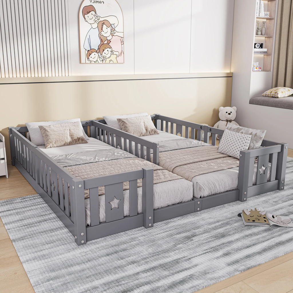 Rosahqnda Solid Floor Bed 180x200cm,Children's Bed with Slats & Star Pattern,Modern Kids Room Furniture,White/Gray