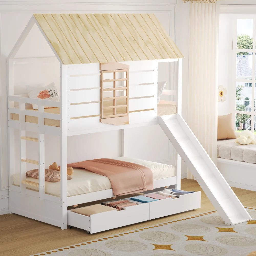 90X200 White and Green Bedroom Bunk Bed with Slide and Pull-Out Bed,without A Mattress