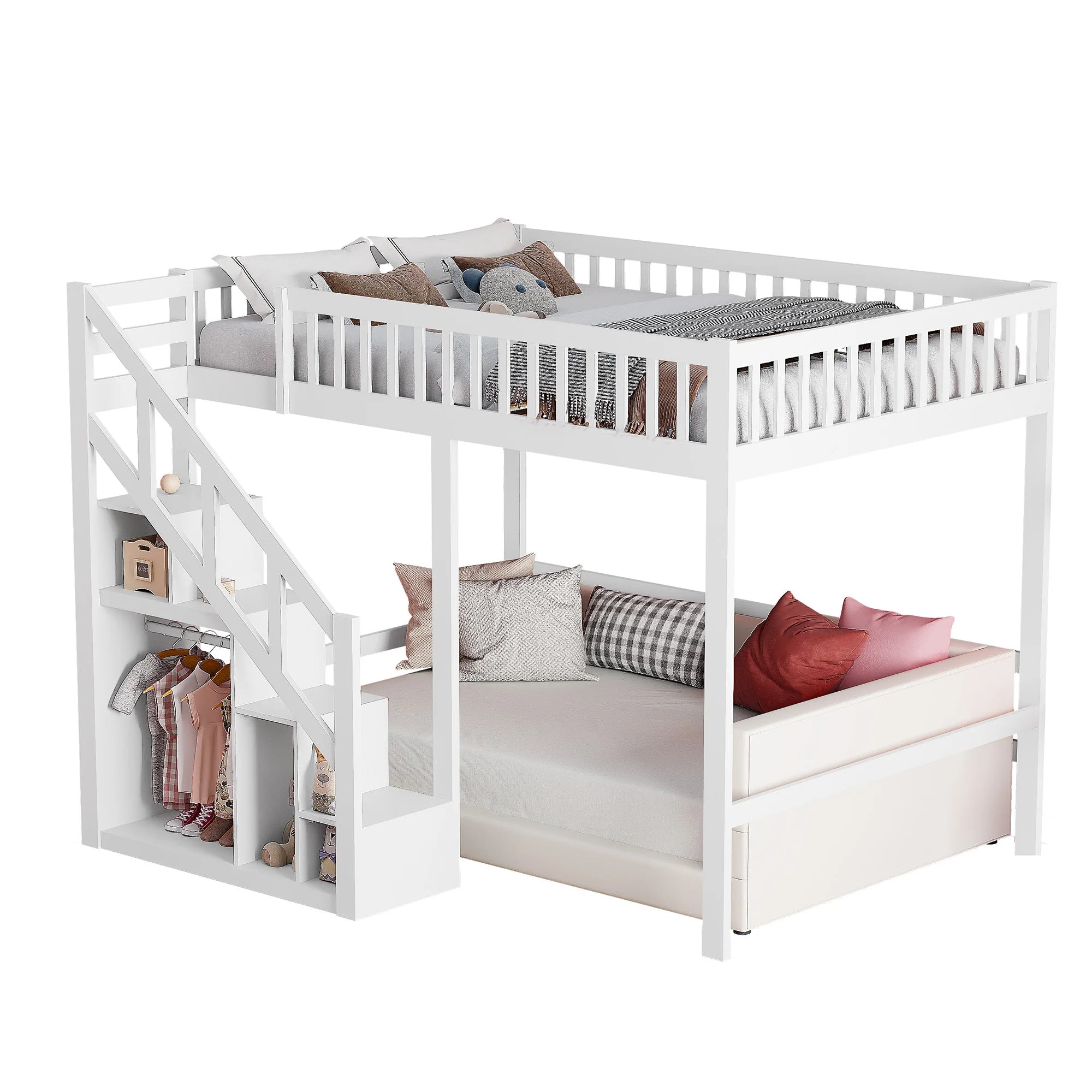 Comanlai Bunk Bed 140 x 200 cm/90 x 200 cm,Children's Bed with Slatted Frame,Storage Shelf Stairs,Fall Protection,Youth Bunk Bed