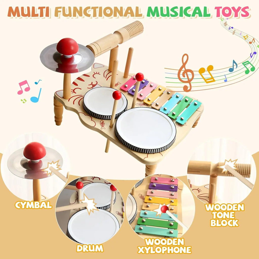 10-in-1 Wooden Musical Toy Drum Set and Xylophone
