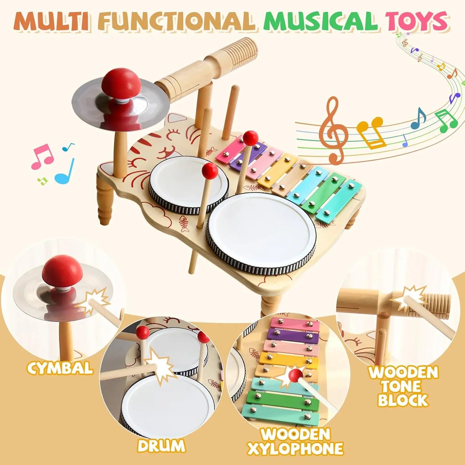 10-in-1 Wooden Musical Toy Drum Set and Xylophone