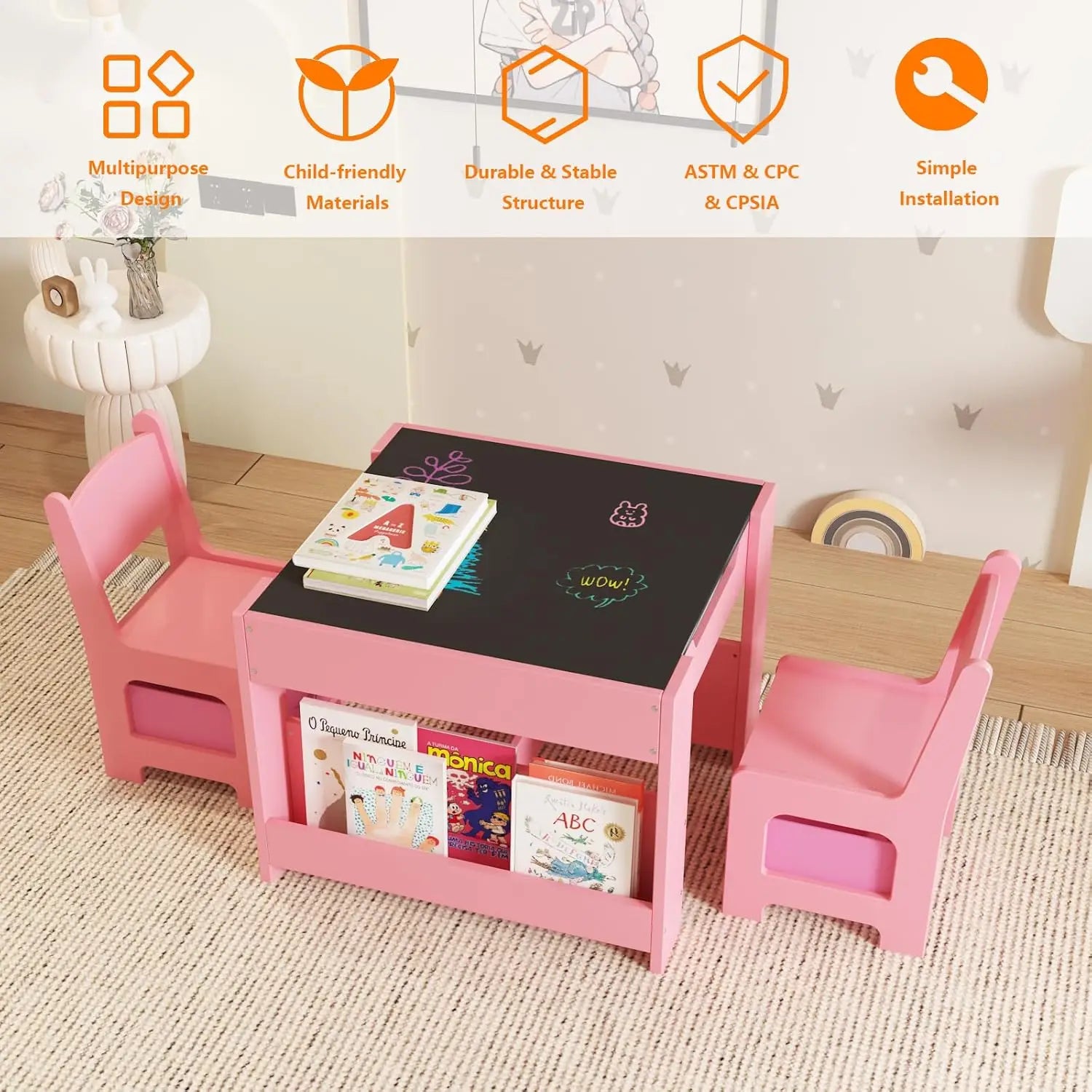 Multifunctional 4-in-1 Kids Table and Chair Set: Activity Desk with 2 Chairs, Removable Tabletop, Storage Drawers & Bookshelf, Ideal for Painting, Crafting, Reading & Playing, Toddler Playroom Furniture, Sturdy Design, 3PCS