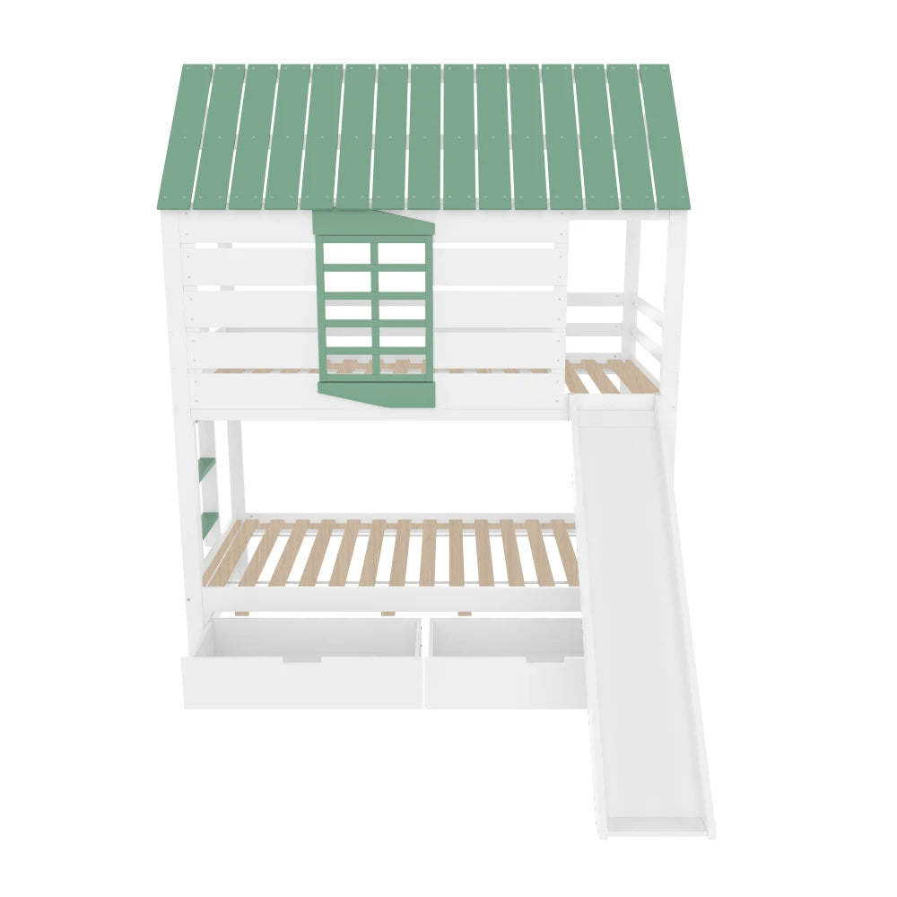 90X200 White and Green Bedroom Bunk Bed with Slide and Pull-Out Bed,without A Mattress