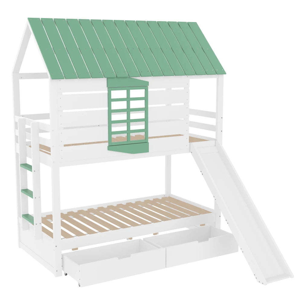 90X200 White and Green Bedroom Bunk Bed with Slide and Pull-Out Bed,without A Mattress