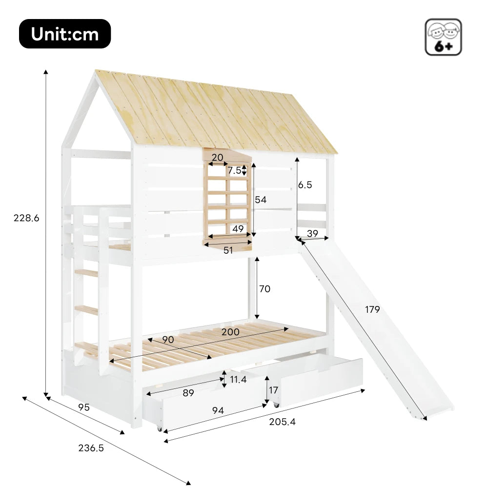 90X200 White and Green Bedroom Bunk Bed with Slide and Pull-Out Bed,without A Mattress