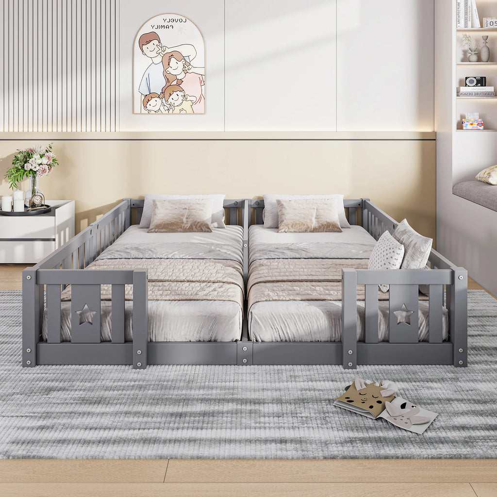Rosahqnda Solid Floor Bed 180x200cm,Children's Bed with Slats & Star Pattern,Modern Kids Room Furniture,White/Gray