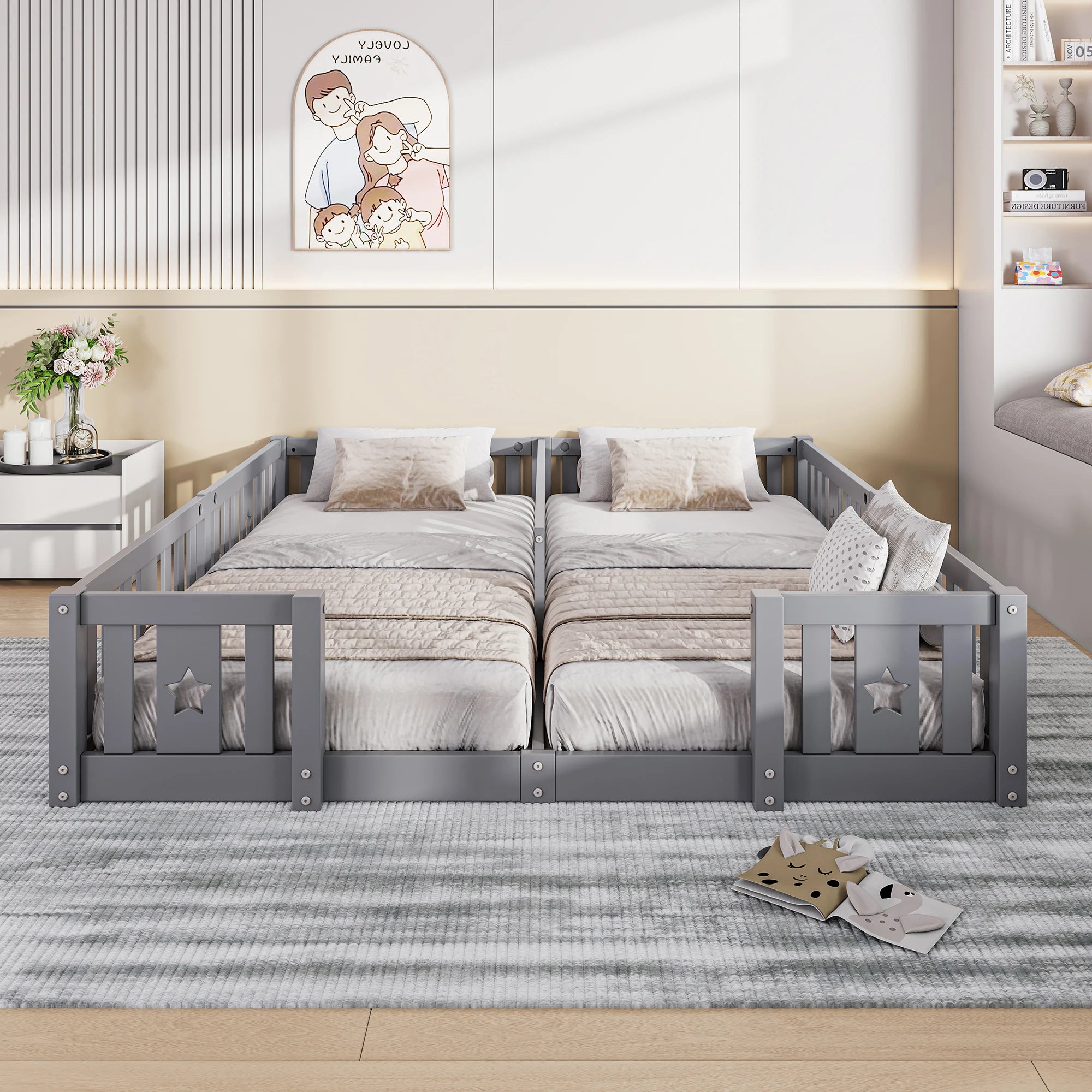 Rosahqnda Solid Floor Bed 180x200cm,Children's Bed with Slats & Star Pattern,Modern Kids Room Furniture,White/Gray