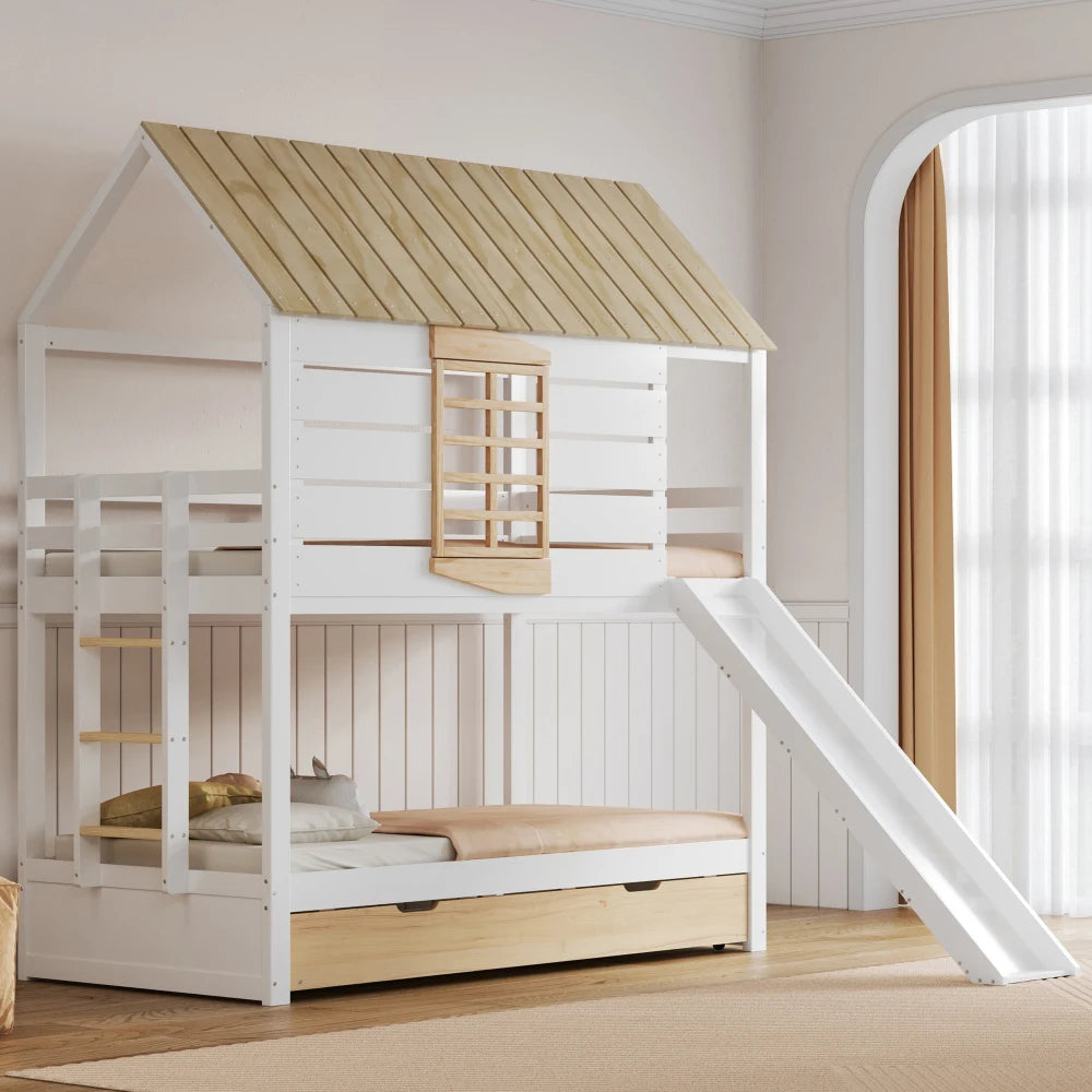 90X200 White and Green Bedroom Bunk Bed with Slide and Pull-Out Bed,without A Mattress